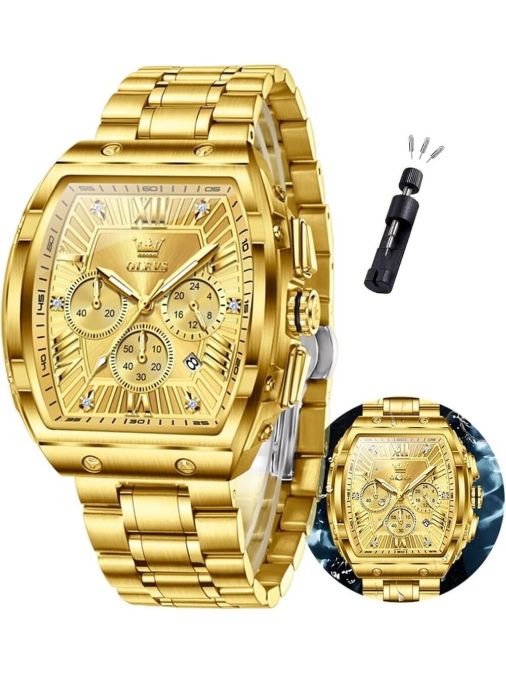 Men's Gold Chronograph Rectangle Stainless Steel Luminous Quartz Classic Watch